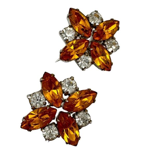 Vintage Rhinestone Sweater Pins Scatter Pins Orange Citrine Marquis Floral - Picture 2 of 6